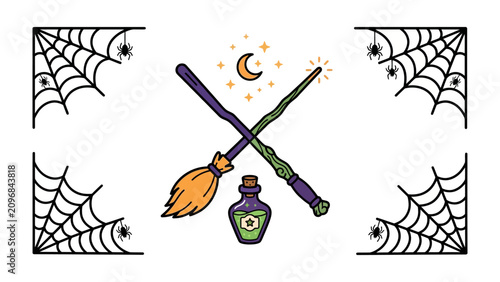 Canvas Print Magic & Mystery Essentials: A whimsical illustration featuring crossed magic wands, a broomstick, a potion bottle, a crescent moon, and spiderwebs, evoking the spirit of enchantment and Halloween