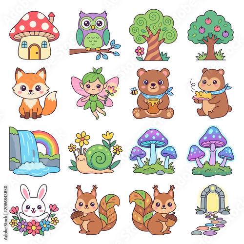 Colorful cartoon forest animals collection.