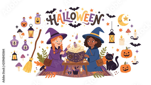 Foto Halloween Magic: Two young witches, adorned in pointed hats and cloaks, gather around an ancient spellbook, conjuring enchantment amidst a whimsical array of Halloween symbols, including pumpkins
