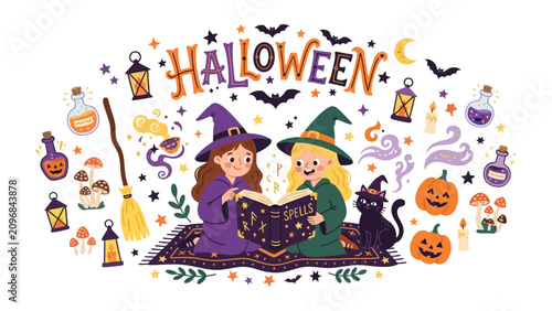 Canvas Print Children Reading Spells on Halloween Night: Two young witches in pointy hats read an ancient spellbook on a magic carpet, surrounded by pumpkins, bats, and potion bottles