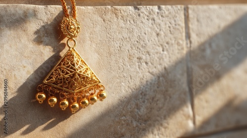 Intricate Golden Jewelry Pendant Hanging on a Textured Stone Surface with Soft Natural Light