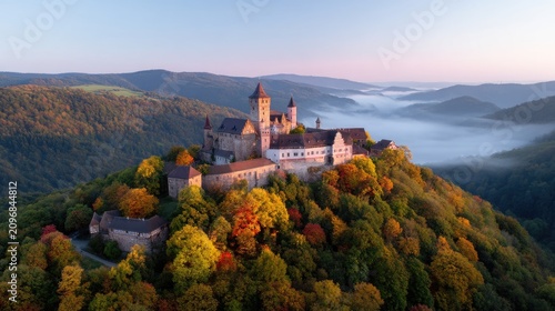 Majestic Hilltop Castle Surrounded by Vibrant Autumn Foliage and Misty Landscape at Dawn