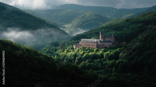 Serene Castle Surrounded by Lush Green Hills Under a Dramatic Sky and Misty Atmosphere in a Majestic Landscape