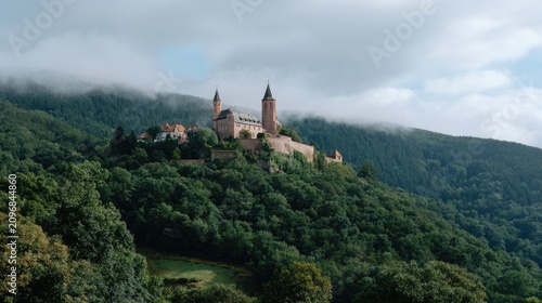 Majestic Castle on Hilltop Surrounded by Lush Forest and Sky with Soft Clouds in Beautiful Landscape