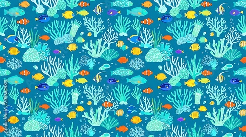 Vibrant underwater sea life pattern with tropical fish and corals
