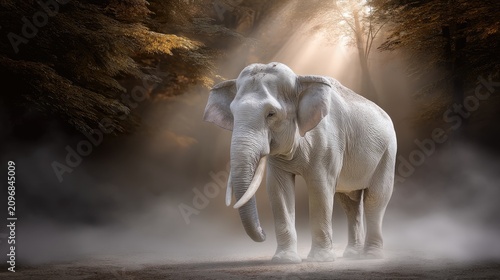 Majestic White Elephant Surrounded by Ethereal Light in a Misty Forest Setting