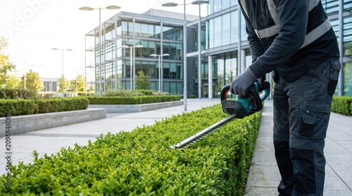 Garden Maintenance Using Electric Hedge Trimmer on Boxwood Shrubs
