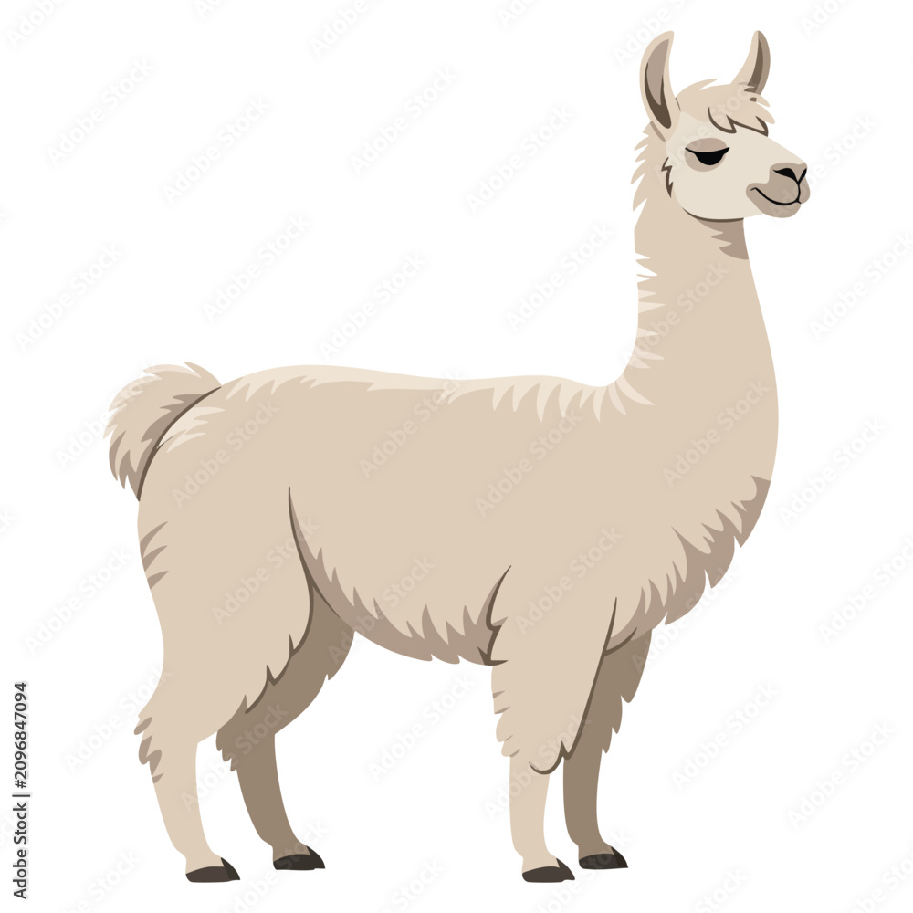 Fototapeta premium Cartoon adult lama standing in side view isolated on white background suitable for animal and nature themed designs