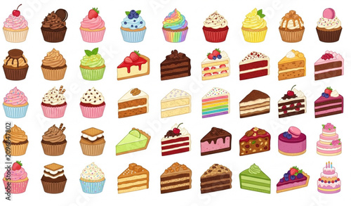 Cute Cupcakes and Cake Slice Vector Set with Colorful Bakery Desserts Isolated on White Background