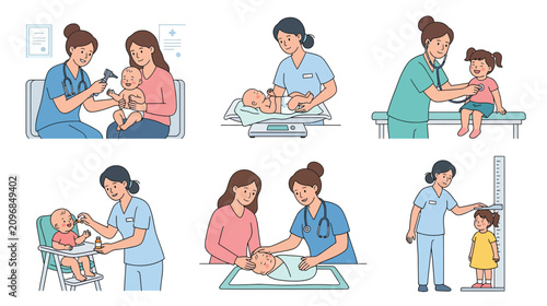 Pediatrician Examining Children, Medical Check-ups, Healthcare Illustrations