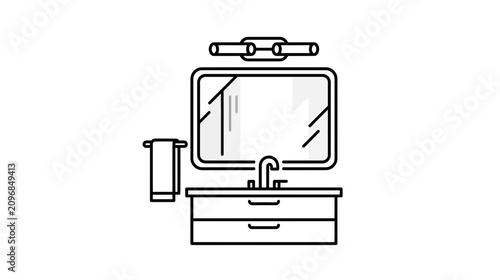 Modern Bathroom Vanity with Sink, Mirror, and Towel - Line Art Icon