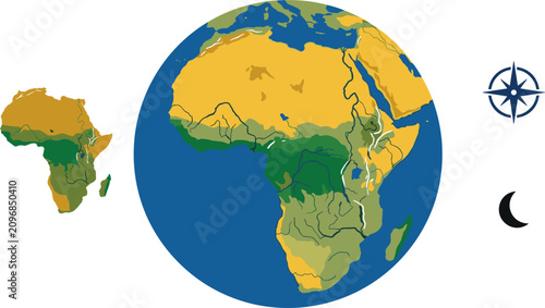 Konstfotografi Africa Continent Map and Earth Globe Icon Set Featuring Geographic Biomes Rivers