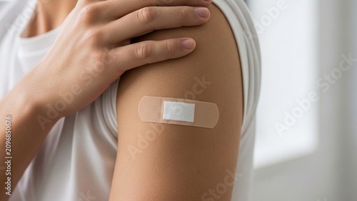 Adhesive bandage on man shoulder after vaccination, close up of patient arm with band aid plaster for vaccine injection, immunization campaign and medical healthcare concept