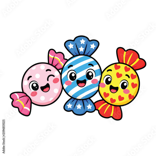 Cute Wrapped Candy Mascot Characters Flat Vector Illustration | Kawaii Colorful Candy Cartoon for Stickers, Packaging and Merchandise