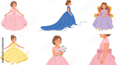 Bild auf Leinwand Cute Little Princess Ballgown Dress Clipart Collection Vector Featuring Flat Car