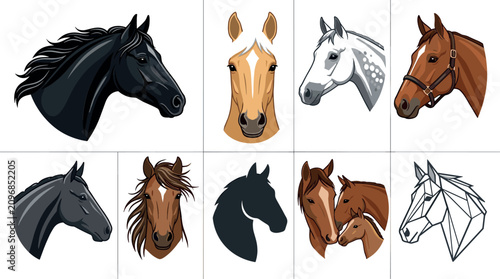 Tableau sur toile Varsity Equestrian Horse Head Portrait Collection Vector Featuring Flat Cartoon