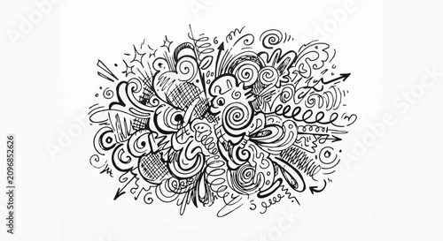 Fotografie Dynamic black and white ink doodle explosion, featuring swirling lines, sharp ar