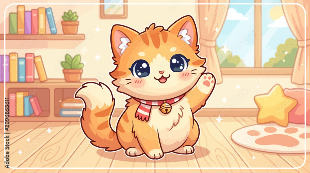 Fototapeta premium Cute Kawaii Orange Tabby Cat Waving Hello in Cozy Room, Cartoon Style