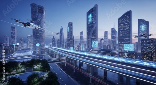 Futuristic Cityscape with Advanced Transportation and Illuminated Buildings at Night
