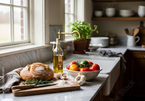 Rustic Kitchen Counter with Fresh Bread, Tomatoes, and Cooking Ingredients