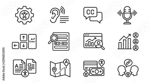 Foto Industrial Style Black and White Line Icons Set Featuring Technology Communicati