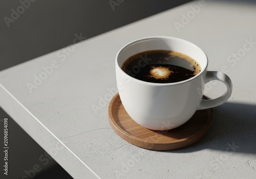 A steaming white cup of hot coffee sits on a wooden saucer on a textured table, bathed in sunlight.