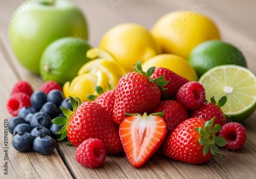 A vibrant assortment of fresh, healthy fruits including strawberries, lemons, limes, and blueberries