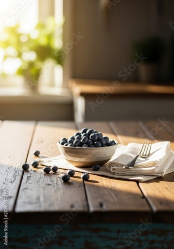 Bowl of Fresh Blueberries on a Rustic Wooden Table with Sunlight