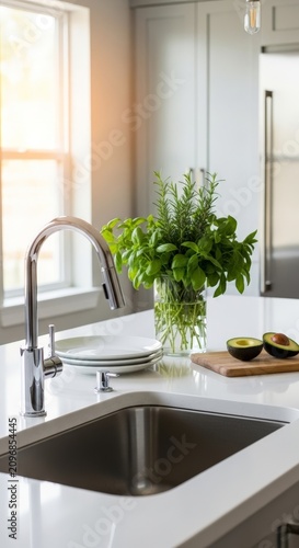 Fresh Avocado Halves and Herbs on a Modern Kitchen Countertop with Sunlight