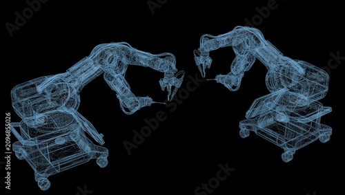 Cuadro en lienzo 3D digital model blueprint of a mechanical robotic arm welder or assembler from two angles