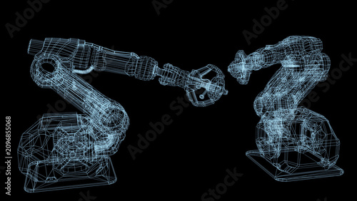 Cuadro en lienzo 3D digital model blueprint of a mechanical robotic arm welder or assembler from two angles