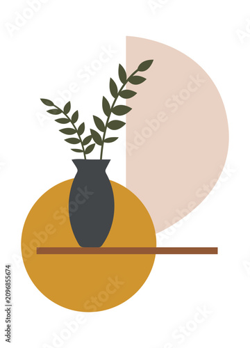 Modern boho abstract illustration featuring ceramic pottery vases with plant stem for contemporary interior wall decor.