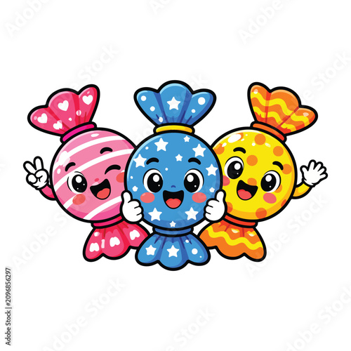 Cute Hard Candy Mascot Characters Flat Vector Illustration Kawaii Colorful Candy Cartoon for Stickers, Packaging and Merchandise