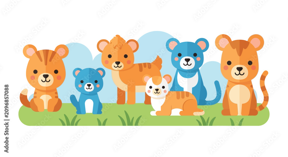 Fototapeta premium Group of cute cartoon big cat cubs standing and sitting on green grass