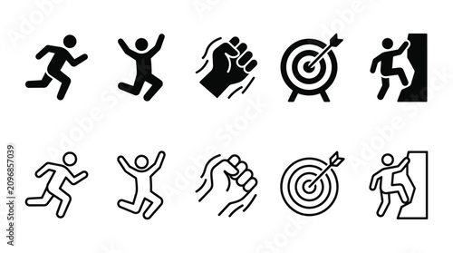 Minimalist vector fitness icons set featuring running, jumping, fist, target, and climbing symbols in filled and outlined styles for motivation and achievement design