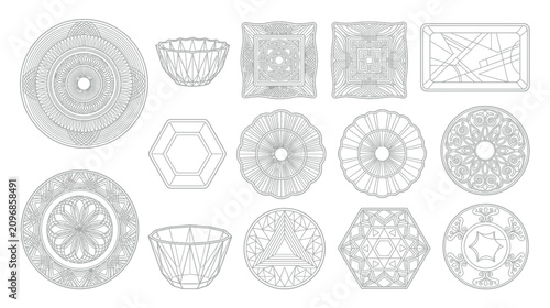 Obraz na plátně Geometric Gemstone Facets and Cuts - Wireframe Vector Illustrations