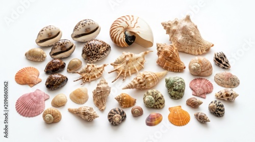 Collection of Tropical Seashells on White Background