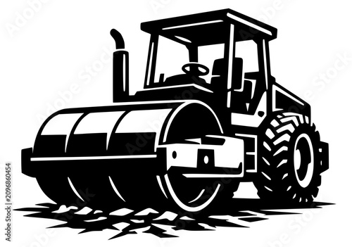 Foto Black silhouette of a road roller crushing ground, symbolizing construction, strength, and industrial machinery in bold vector art