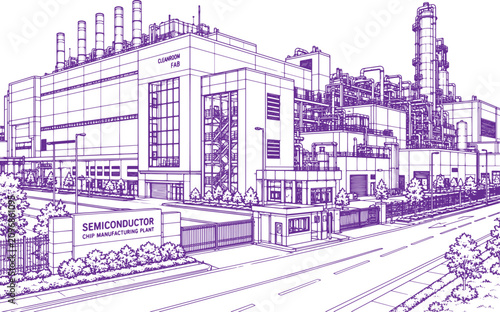 Canvastavla Semiconductor Chip Manufacturing Plant Sketch Line Art, Microchip Fabrication Fa