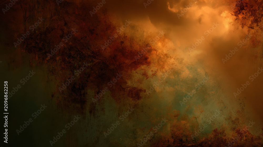 Obraz premium Abstract texture with dark orange smoke and cloud chaos, dramatic glowing background with soft haze and grunge surface