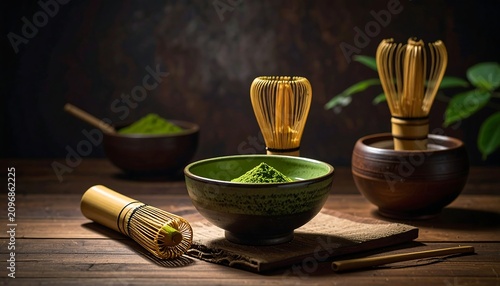 Traditional Japanese tea ceremony utensils on mat.