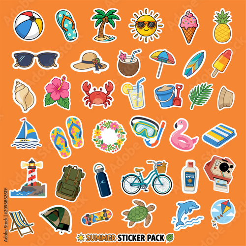 Summer Sticker Pack Collection | Cute Beach, Vacation, Camping & Tropical Icons Set