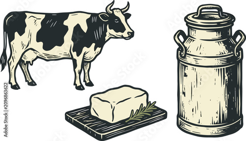 Fotografie Vintage Dairy Farm Collection Vector Set Featuring Holstein Cow, Butter Block an