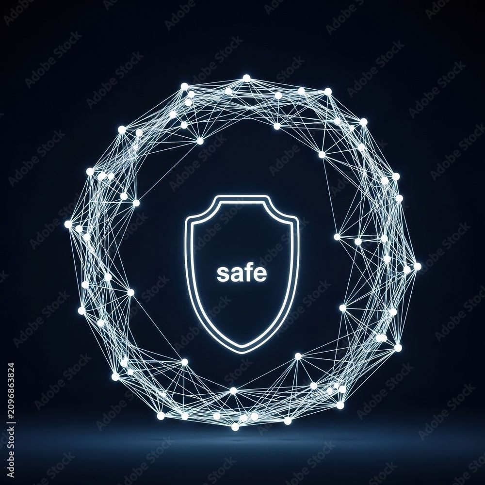 Fototapeta premium Digital security concept featuring a glowing white shield icon with word safe inside a circular wireframe network of connected nodes and lines on dark background.