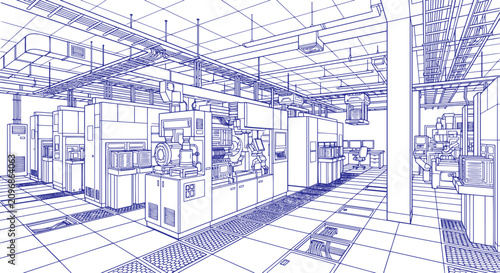 Foto Semiconductor Chip Manufacturing Plant Sketch Line Art, Microchip Fabrication Fa