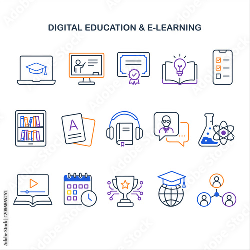 Cuadro en lienzo Digital education and e-learning line icon set for online school and distance le
