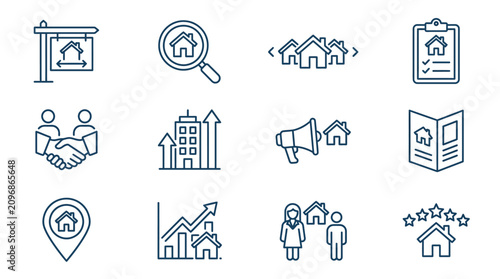 Schilderij op canvas Creative Monochromatic Line Icons Set Featuring Real Estate Property Management