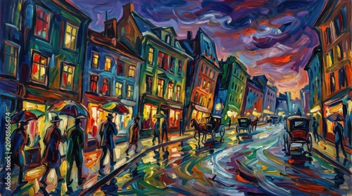 Colorful City Street at Night with People, Carriages, and Bright Storefronts