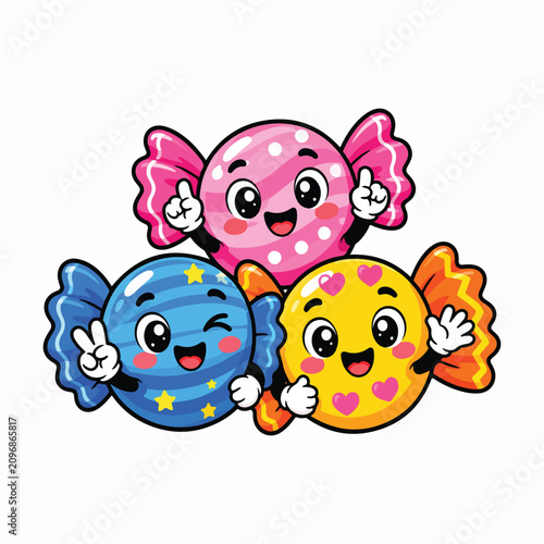 Cute Fruit Candy Mascot Characters Flat Vector Illustration Kawaii Colorful Fruit Candy Cartoon for Stickers, Packaging and Merchandise
