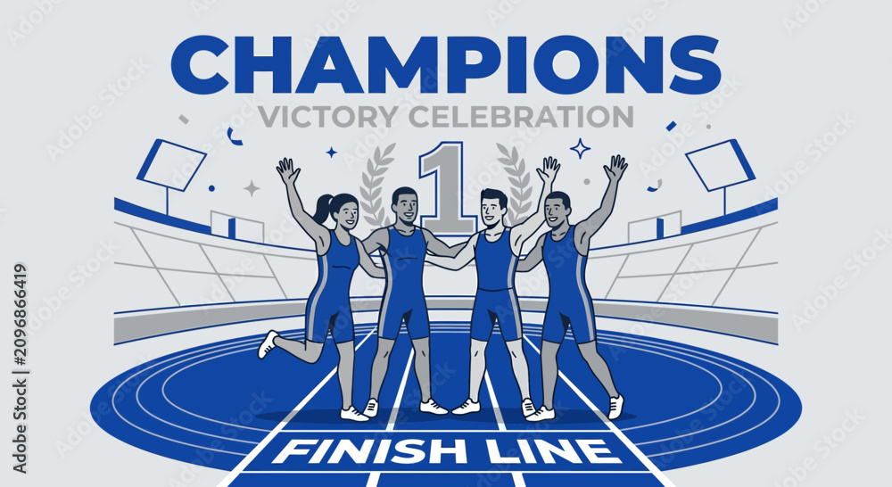 Obraz premium Champions Victory Celebration On The Finish Line Stadium Track With Athletes